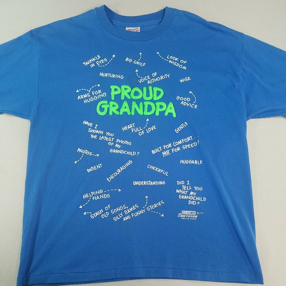 VTG Pround Grandpa‎ Father 1991 TShirt Sz XL Blue Single Stitch Double Sided USA